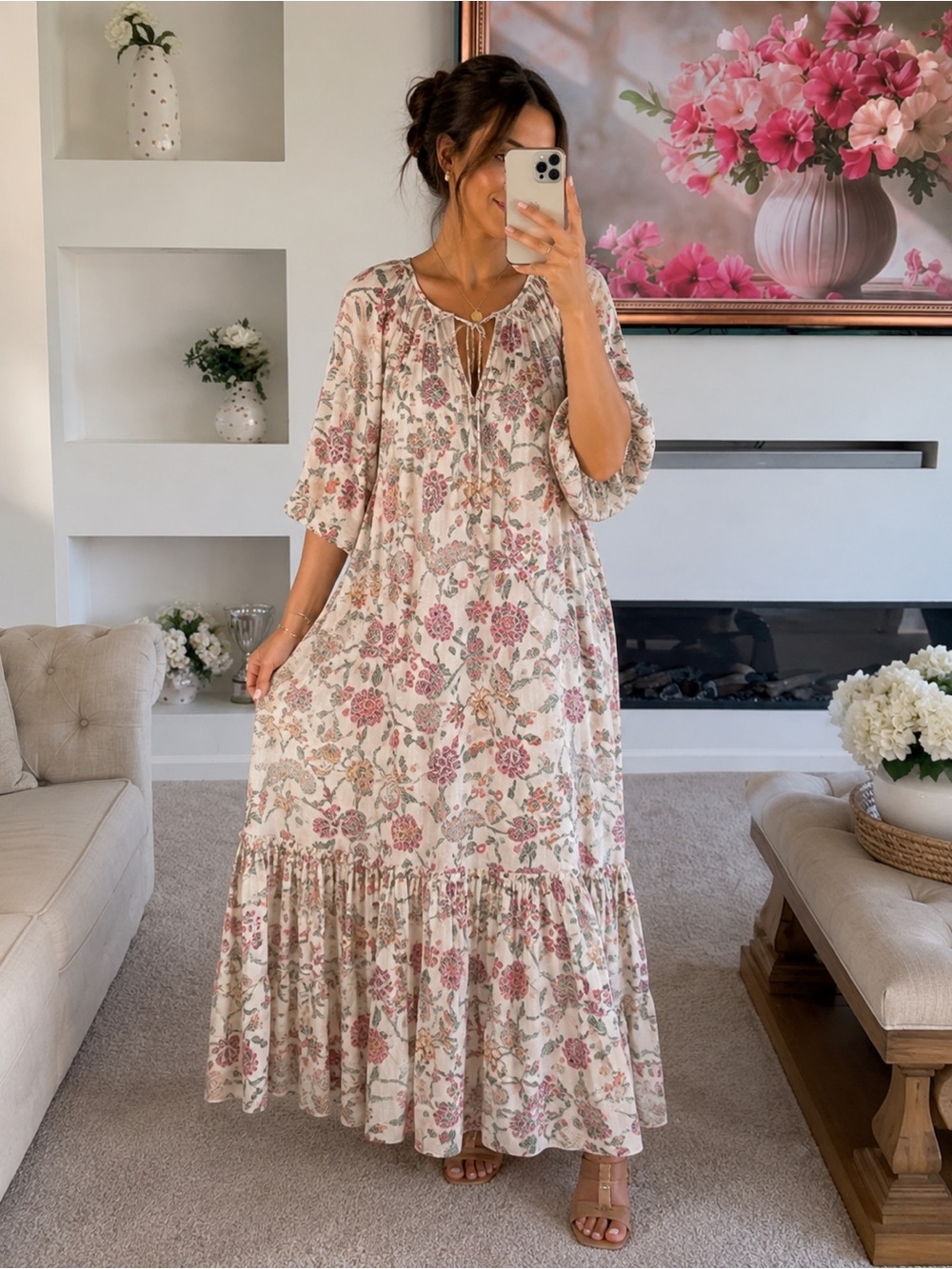 Ophelia & indigo Boho Floral Maxi Dress in Cream with Pink & Green - Relaxed
